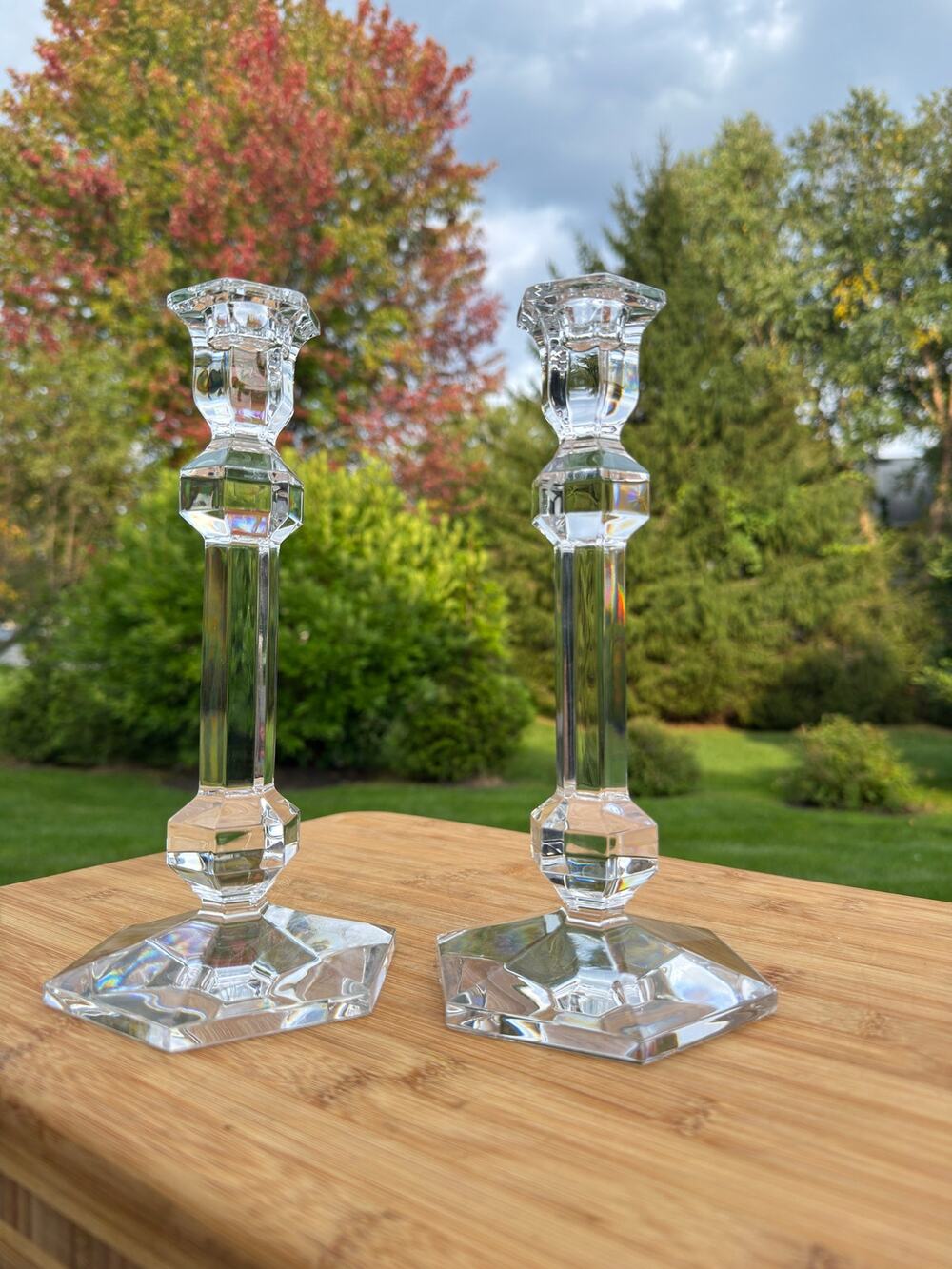 Pair of Val St Lambert Gardenia Crystal Candle Holders 9.5” Tall ~with a chip